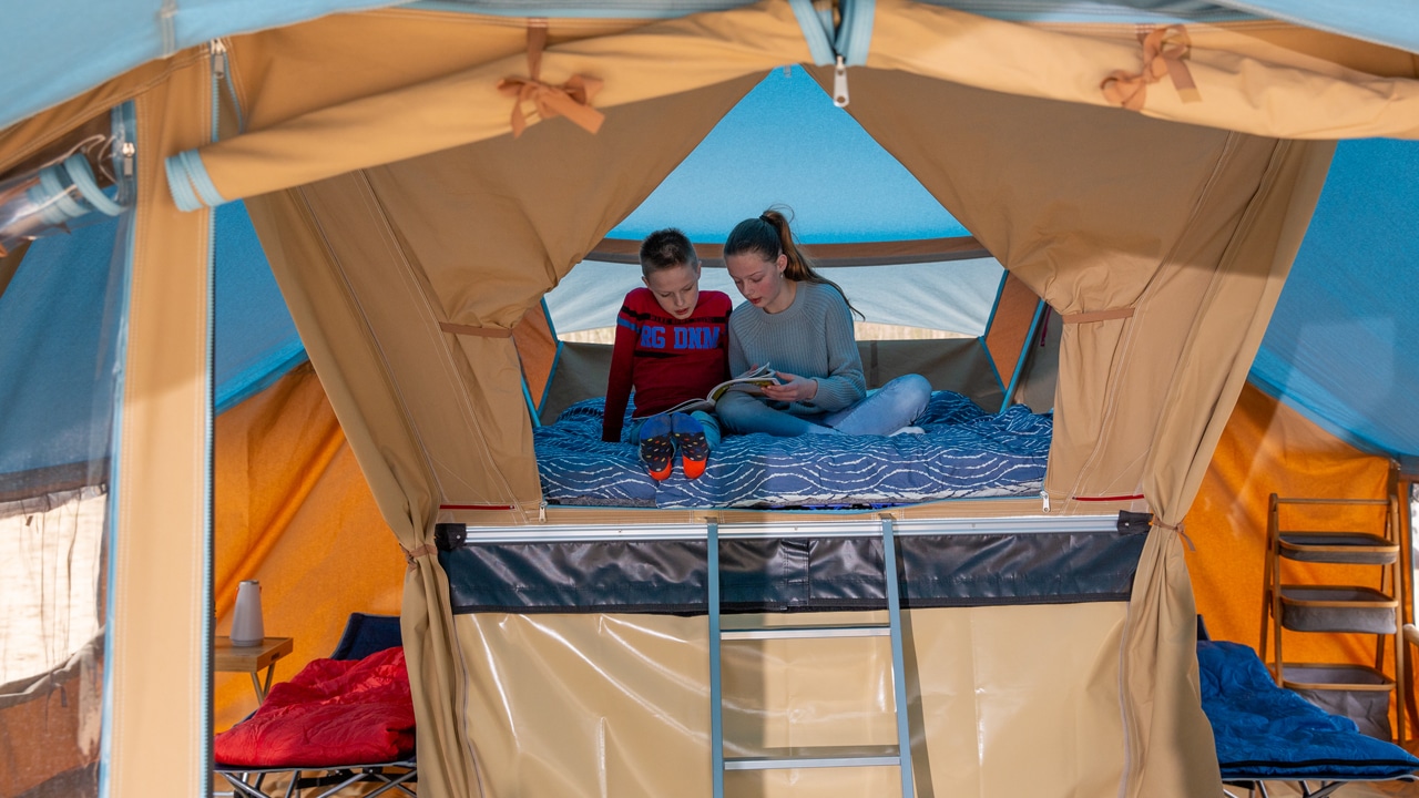 Children in the Campooz tent trailer