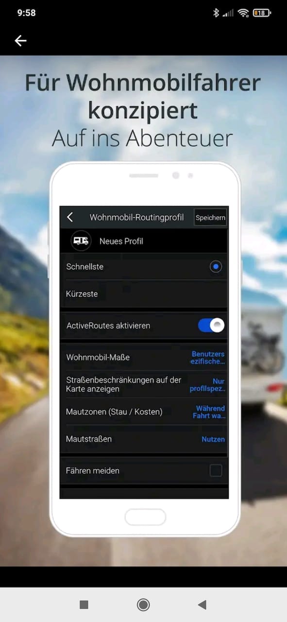 Screenshot of Copilot GPS for navigating motorhomes and caravans