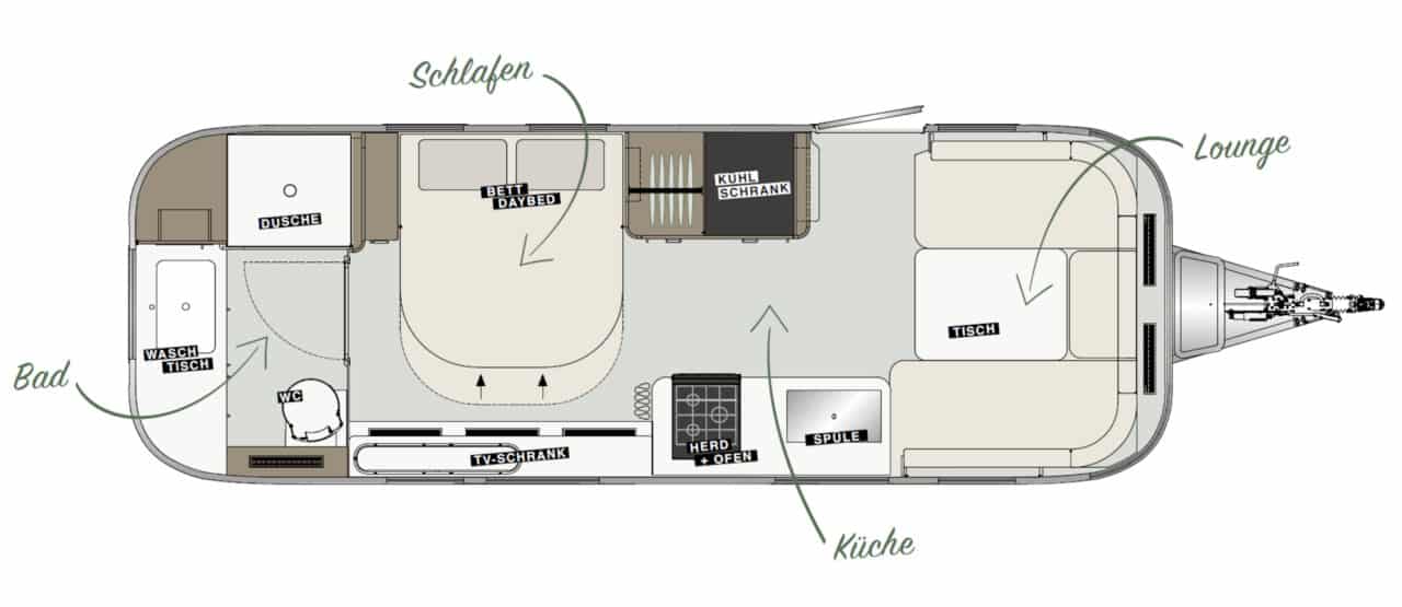 Innovations at Caravan Salon 2023: Airstream Germany presents luxury caravan with comfort bathroom and kitchen with oven 1 Airstream International 25IB Floor Plan
